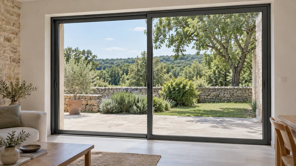 Baie coulissante en aluminium donnant sur un jardin