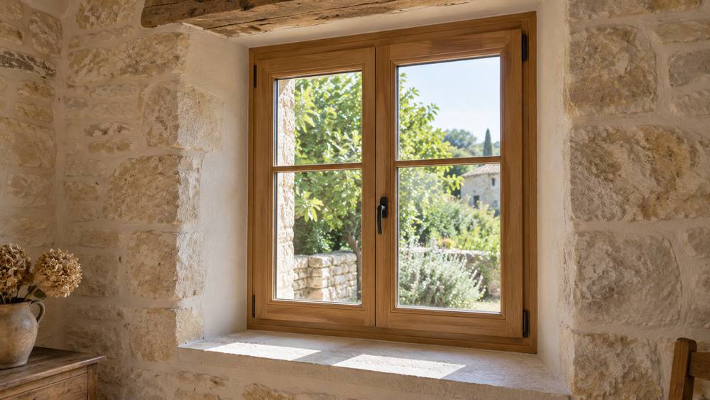 Fenêtre en bois posée dans un mur en pierre