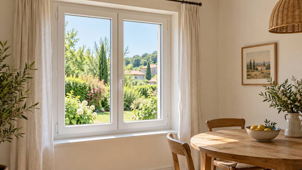 Fenêtre PVC blanche à deux vantaux donnant sur un jardin fleuri