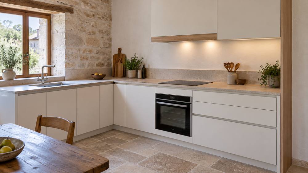 Cuisine équipée avec meubles blancs et plan de travail en pierre