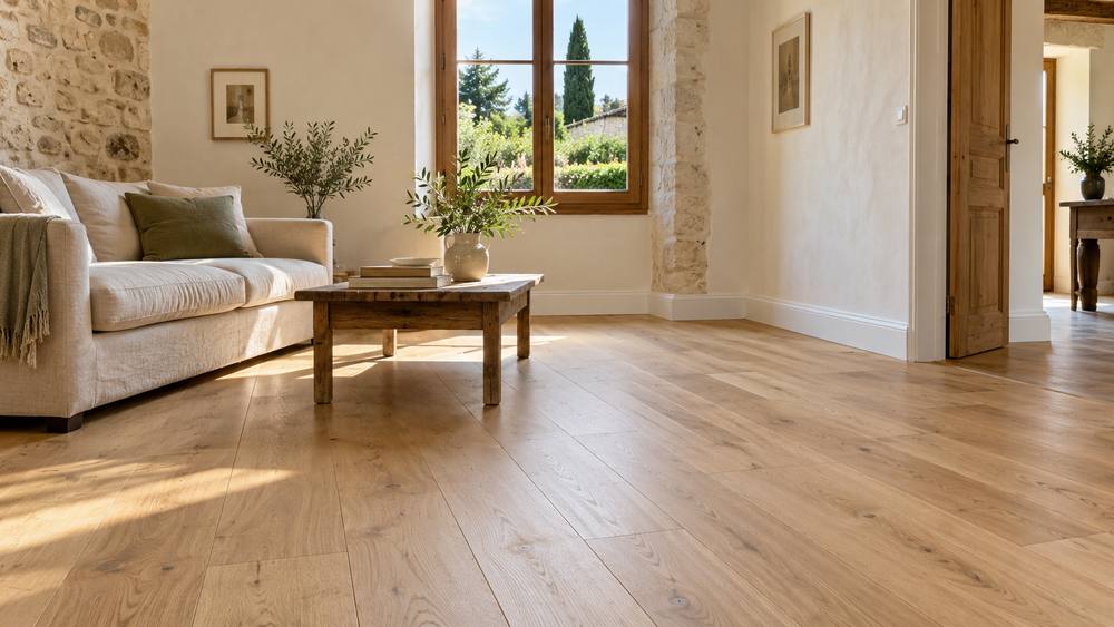 Salon avec parquet en chêne clair et plinthes blanches