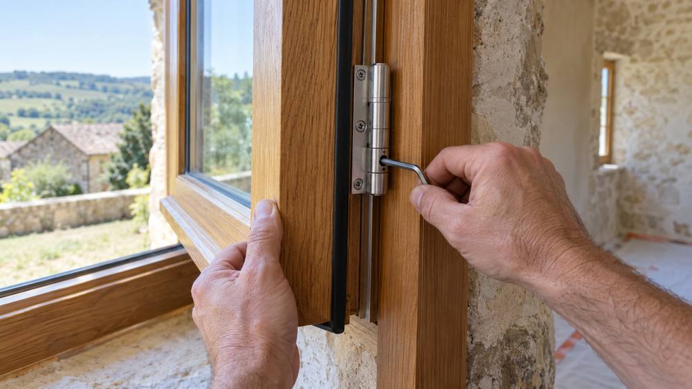 Réglage d'une charnière de fenêtre en bois avec une clé