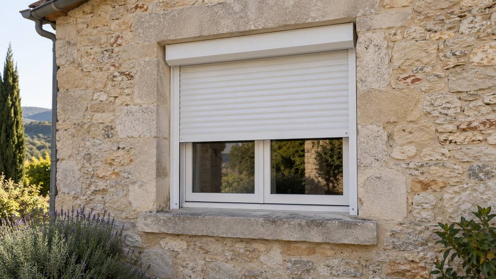 Volet roulant blanc à moitié baissé sur une fenêtre dans un mur en pierre